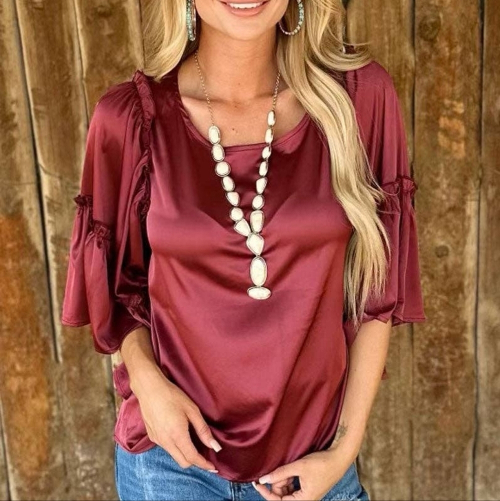 NWT Elegant Burgundy Wine Satin Blouse - Picture 2 of 4
